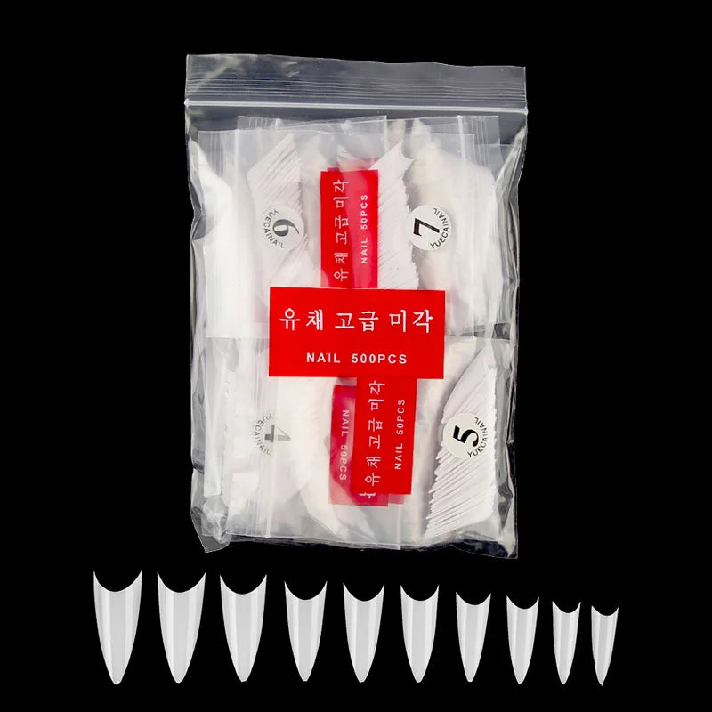 500片裝假指甲尖頭細高跟壓克力UV凝膠假指甲延長尖銳透明法式風格