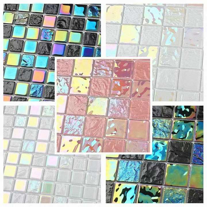Modern square iridescent glass pool tiles 4mm thick ocean blue wave shape for villa bathroom 