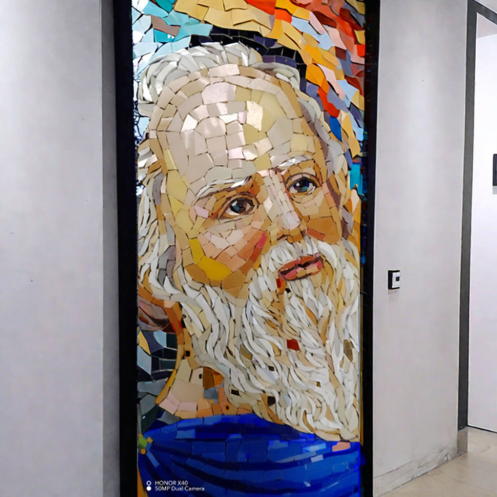 Small handmade mosaic painting decorates modern luxury living room hallway 