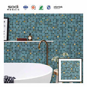 Small square waterproof blue green mixed sparkling glass mosaic tiles for wall decoration 