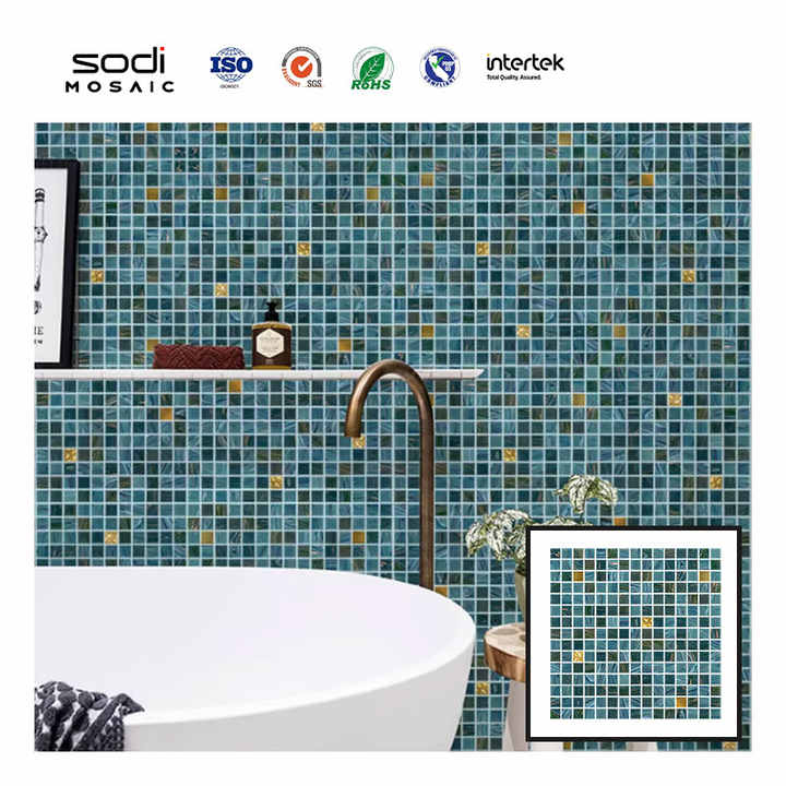 Small square waterproof blue green mixed sparkling glass mosaic tiles for wall decoration 