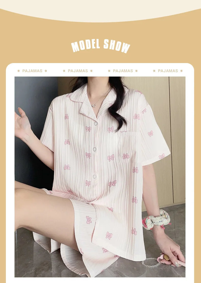 Bộ Đồ Ngủ Nữ Hè Cotton Kẻ Sọc Nơ Dễ Thương