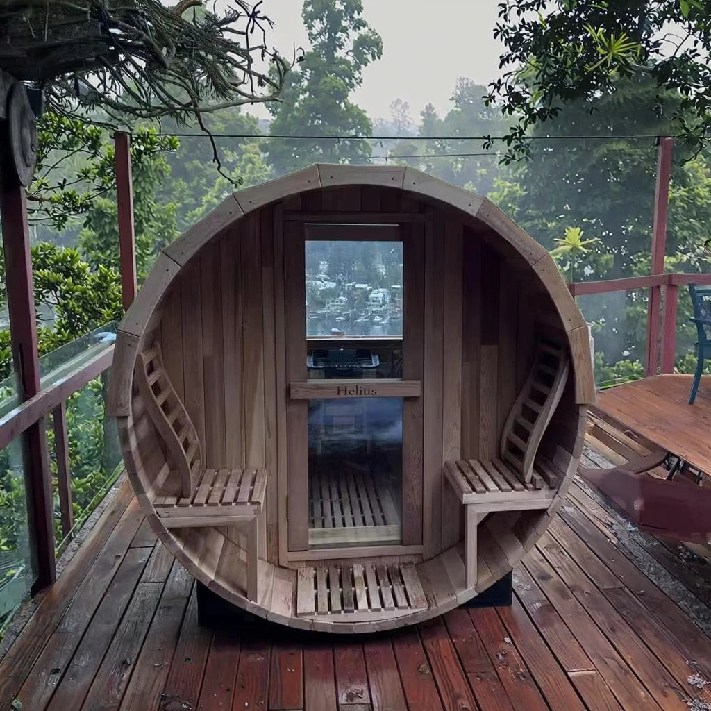 HELIUS Ready 6 person cheap outdoor red cedar steam sauna traditional electric heater barrel sauna with half glass and porch