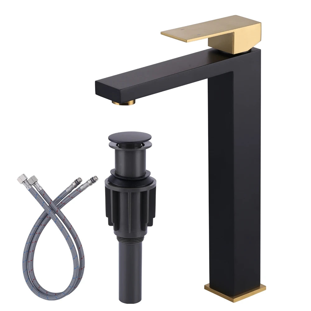 Bathroom Washbasin Faucet Deck Mounted Single Hole Basin Mixer Tap,Square 304 Stainless Steel Black Gold Basin Sink Faucet - Daisan Mart