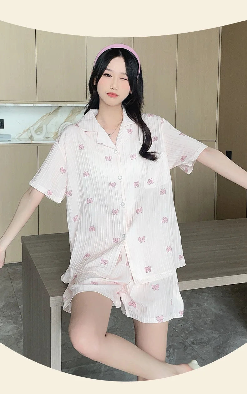 Bộ Đồ Ngủ Nữ Hè Cotton Kẻ Sọc Nơ Dễ Thương