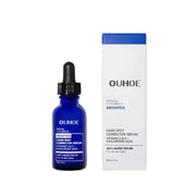 Lọ serum màu xanh dương với hộp màu trắng có chữ đen và xanh.