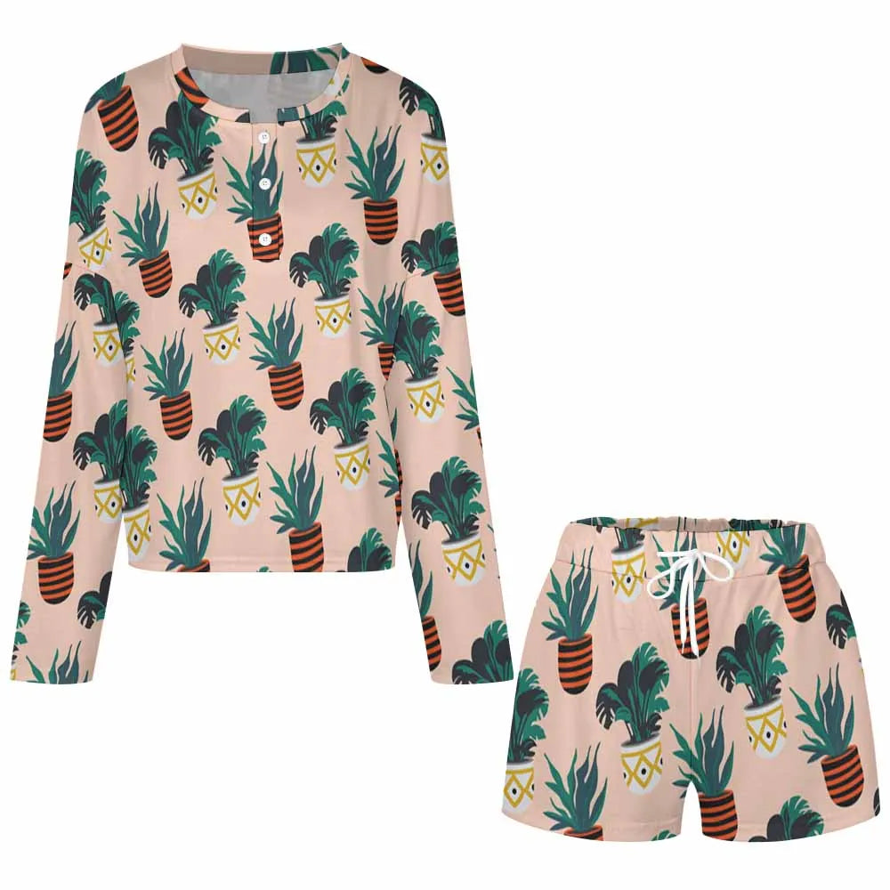 Women's 2-Piece Pajama Set: Long Sleeve Shirt &amp; Short Pants