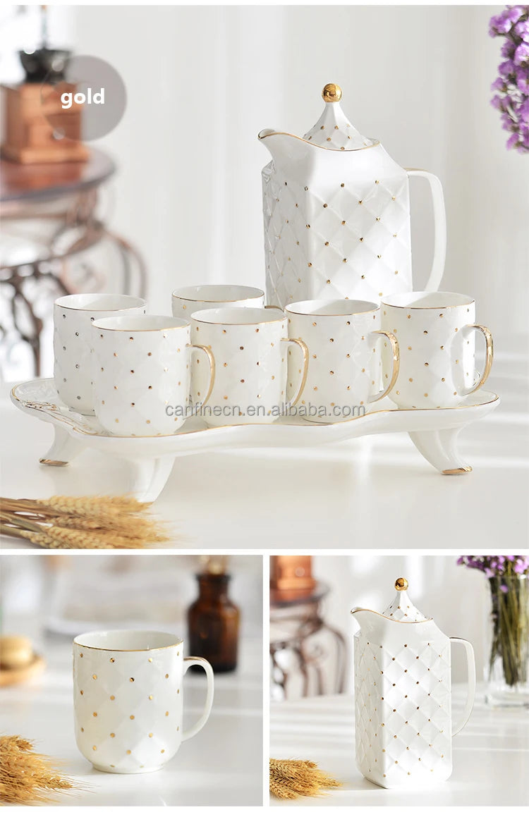 Bộ ấm chén sứ cao cấp viền vàng 8 món kèm khay