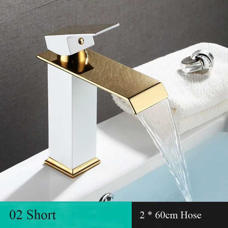 Basin Faucet Gold and Black Waterfall Faucet Brass Bathroom Wash Basin Mixer Tap Hot and Cold Water Vanity Vessel Sink Faucets - Daisan Mart