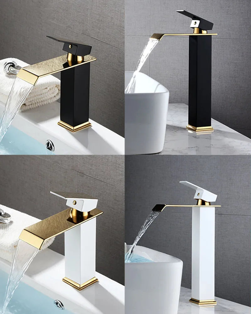 Basin Faucet Gold and Black Waterfall Faucet Brass Bathroom Wash Basin Mixer Tap Hot and Cold Water Vanity Vessel Sink Faucets - Daisan Mart