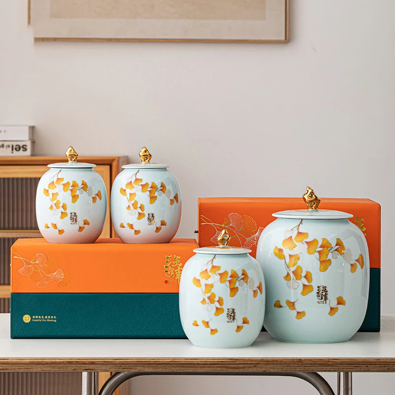 Ấm Trà Sứ Bắc Âu Nắp Vàng - Hũ Đựng Đa Năng