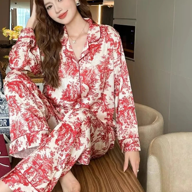 SAMWESTART Women's Spring Summer Ink Print Ice Silk Pajamas