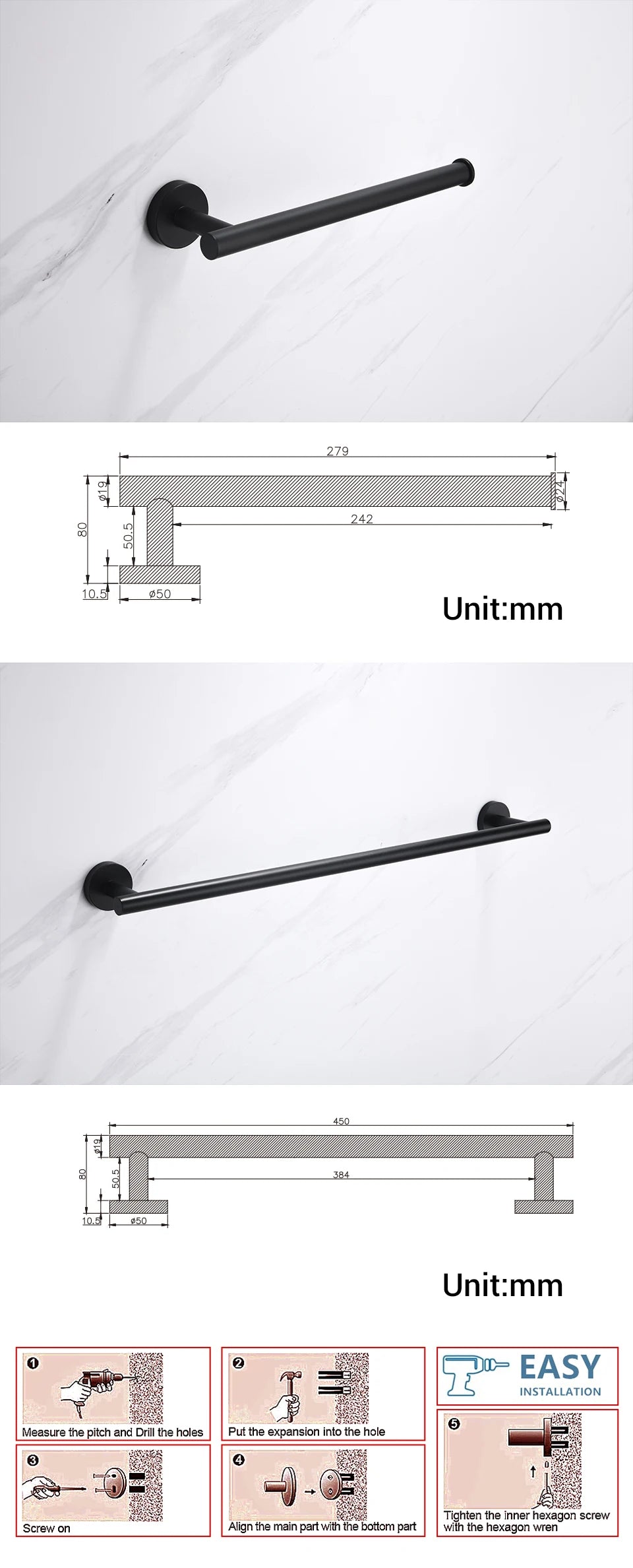 Black Wall-mounted Black Stainless Steel Towel Rack Set Towel Bar Toilet Paper Holder Robe Towel Hooks Bathroom  Accessories Kit - Daisan Mart