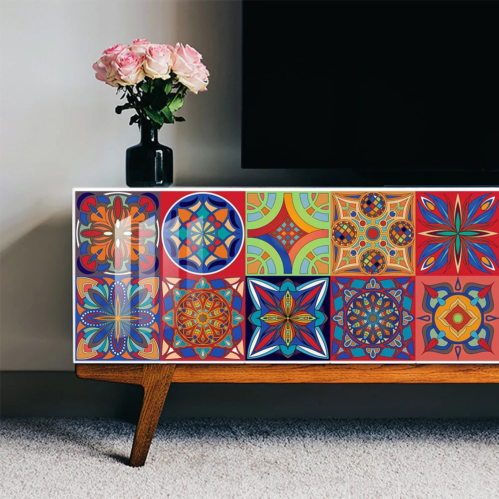 Colorful Mandala Style Strip Tiles Wall Sticker Kitchen Wardrobe Bathroom Waterproof Wallpaper Peel &amp; Stick Art Wall Decals