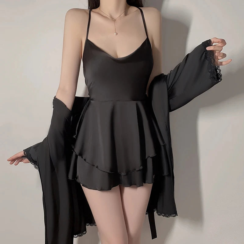 Sexy 2-Layer Silk Dress with Sexy Straps, Solid Color