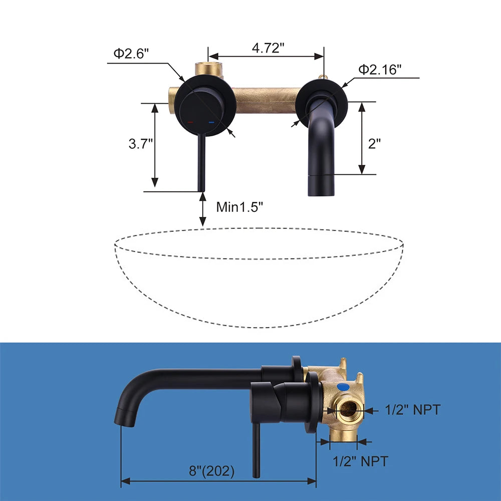 Matte Black Wall Mount Bathroom Sink Faucet with Swivel Spout&Solid Brass Valve, Single Lever Handle Basin Faucets Mixers Tap - Daisan Mart