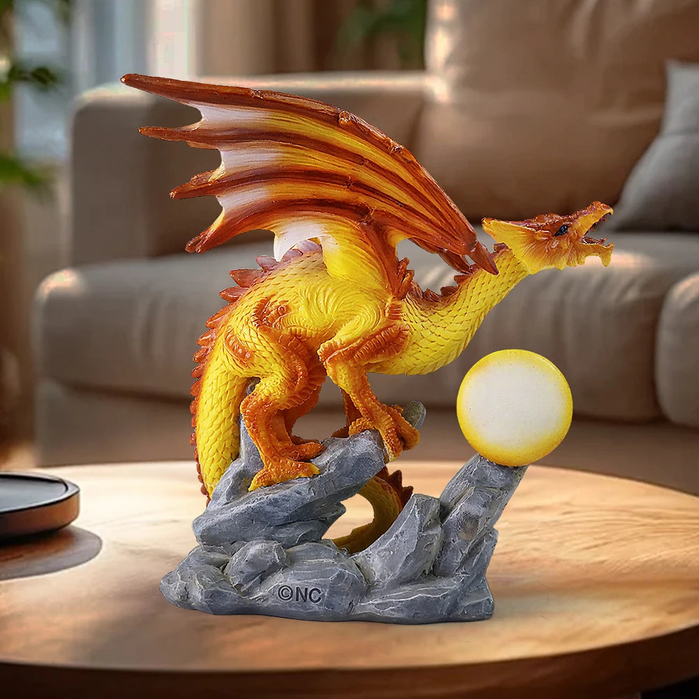US Stock Fire Dragon with Flaming Ball Resin Figurine, Mythical Creature Home Decor - Daisan Mart