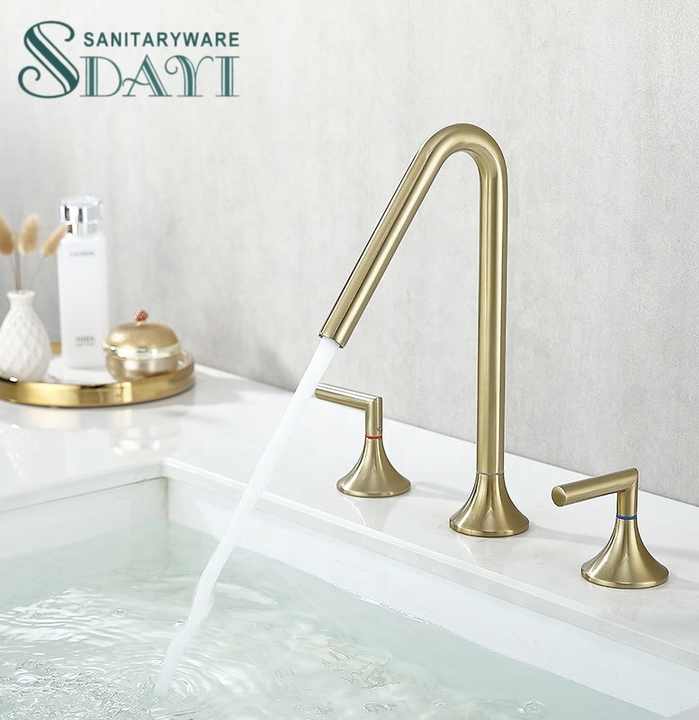 SDAYI Simple 3 Hole Deck Mounted Bathroom Sink Faucet, Dual Handles, Polished Gold Chrome 