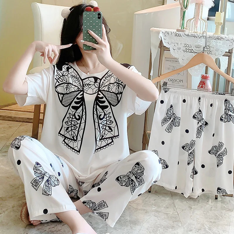 3-Piece Cool Silk Pajamas Set for Women with Cute Patterns