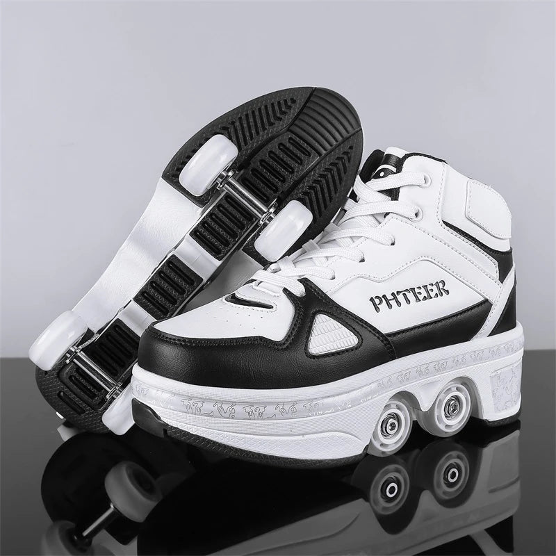 Unisex Detachable Dual Purpose Roller Skate Shoes, Outdoor Fashionable Skateboarding Shoes, White/Pink Casual Sneakers