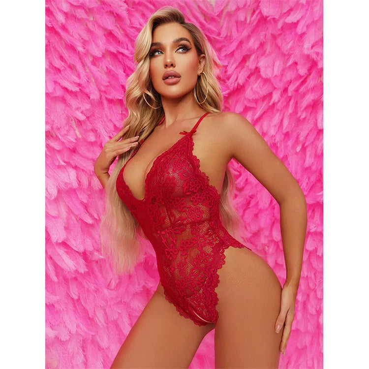 JENGS Women's Spring/Summer New Sexy Deep V Fun Underwear Sling Jumpsuit Bodysuits Lace Hollow Embroidery Decoration Nonwoven