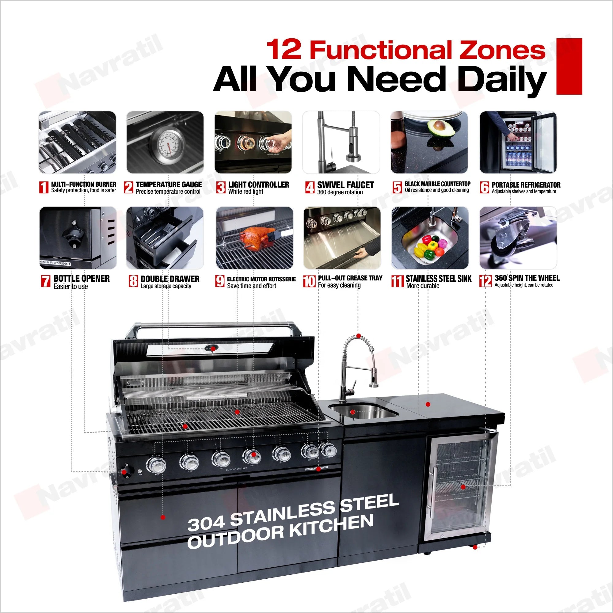 Black 304 Stainless Steel Outdoor Kitchen Cabinet with Grill &amp; Refrigerator