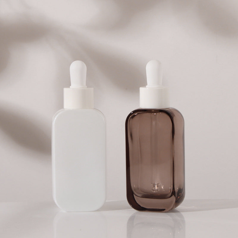 50ml luxury flat glass bottle, rounded corner plastic cap, dropper, used for Skin Cream, Perfume, Essential Oil, packaged with box 