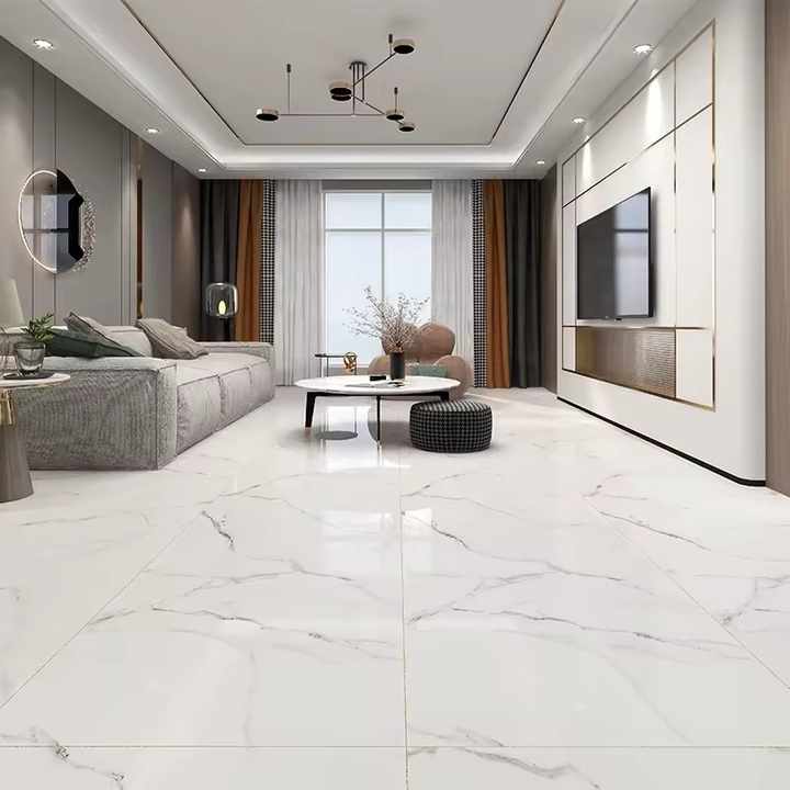 750x1500mm glossy white porcelain floor tiles, homogeneous marble finish, anti-slip, bedroom interior design 