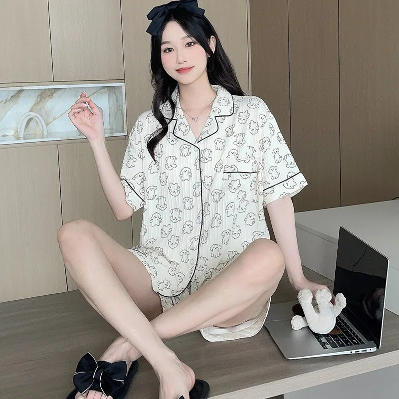 Bộ Đồ Ngủ Nữ Hè Cotton Kẻ Sọc Nơ Dễ Thương