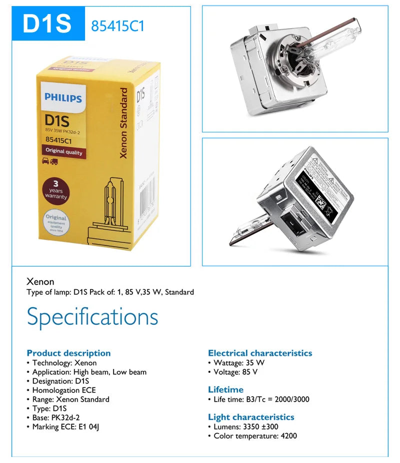 Philips HID D1S D2S D2R D3S D4S D5S 35W Xenon Standard 4200K Auto Original Headlight Car Genuine Bulb Replacement Upgrade, 1pcs - Daisan Mart