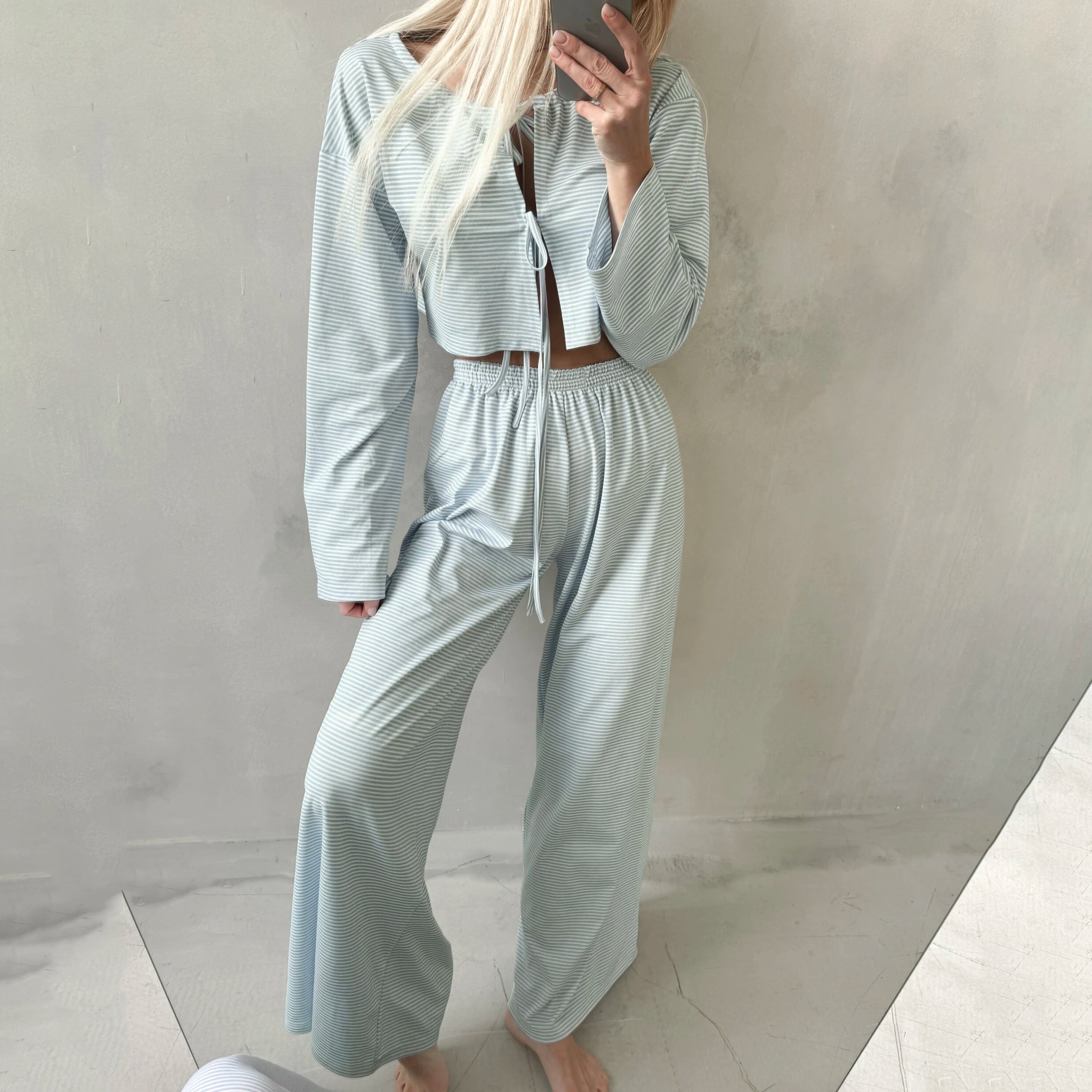 QINSI Autumn Stripe Cotton Pajamas for Women Lace up Full Sleeves Short Top Wide Leg Pants Pajama Sets Blue Soft Pijamas Woman