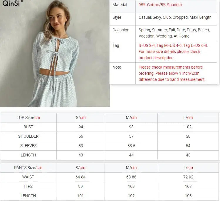 QINSI Autumn Stripe Cotton Pajamas for Women Lace up Full Sleeves Short Top Wide Leg Pants Pajama Sets Blue Soft Pijamas Woman