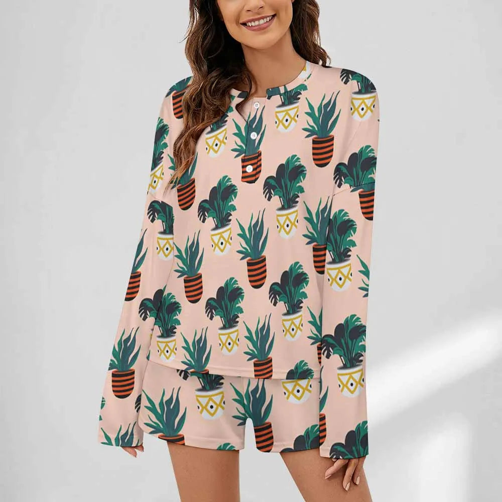 Women's 2-Piece Pajama Set: Long Sleeve Shirt &amp; Short Pants