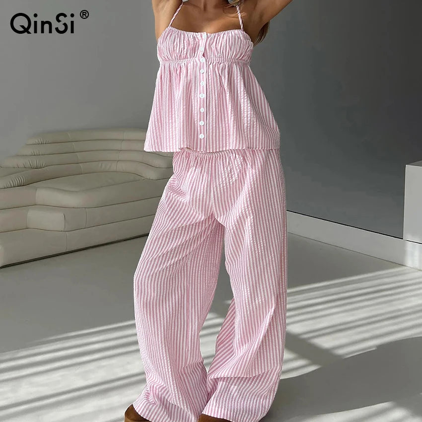 QINSI Women's Cute Sleeveless Ruffle Striped Pajamas Set