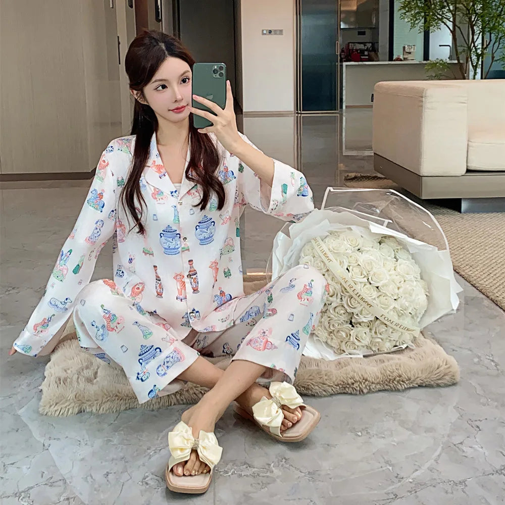 Women's Spring 2024 Pajamas - Pink Silk Printed Pattern