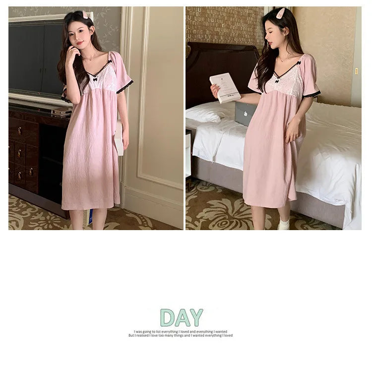 SAMWESTART cool cotton silk nightgown with lace bow and short sleeves