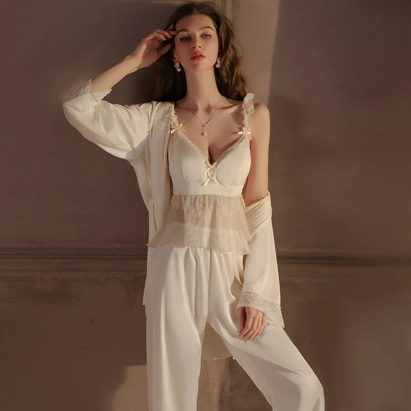 ### Luxurious Long Set of Lace Padded Mesh Home Wear