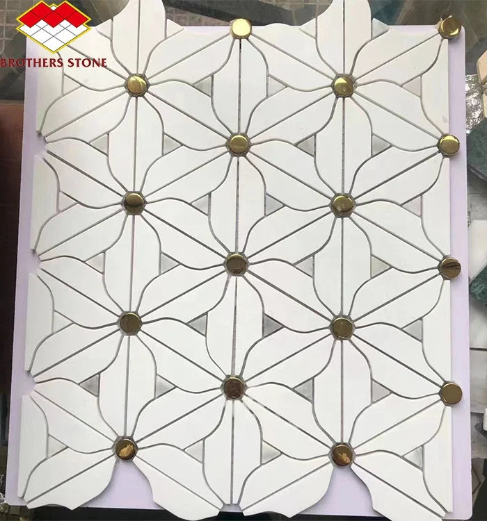 Modern Brown White Waterjet Flower Shape Marble Stone Mosaic Daisy Pattern Backsplash for Interior Wall Graphic Design Wall - Daisan Mart