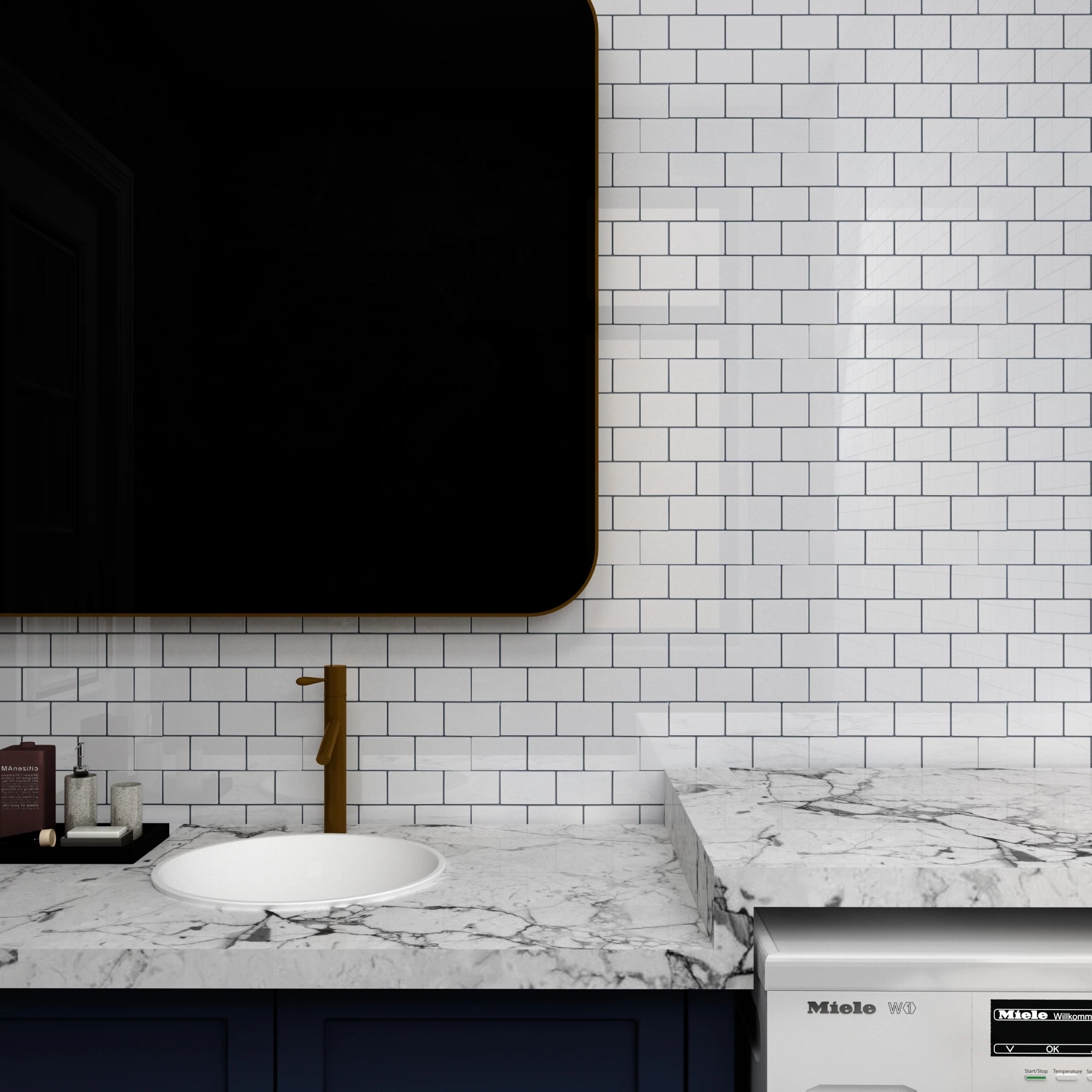 ###Gạch Dán Tường Bếp Jeedeson Trắng Viền Đen Eco-friendly