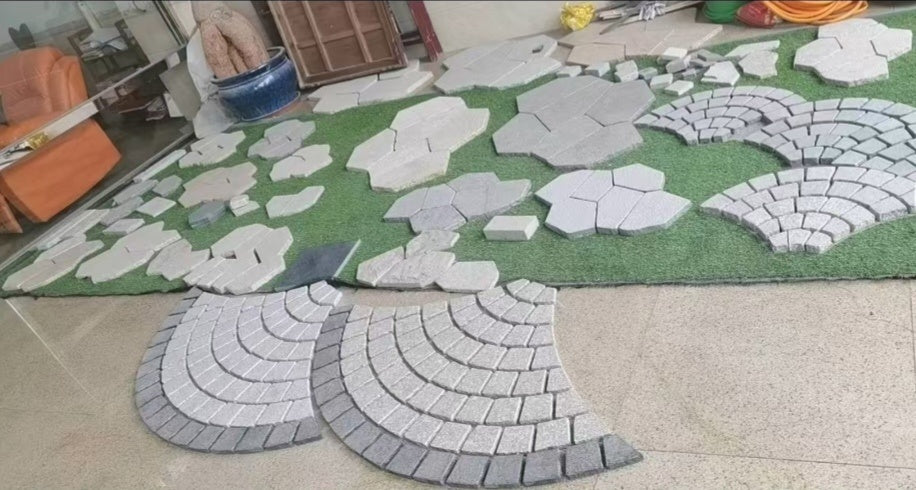 Modern medieval rural style granite fan shaped pavement stone, light grey 