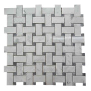 Bianco Carrara basket weave marble mosaic with Bardigilo grey marble dots - Interior design solutions