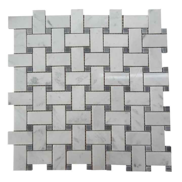 Bianco Carrara basket weave marble mosaic with Bardigilo grey marble dots - Interior design solutions