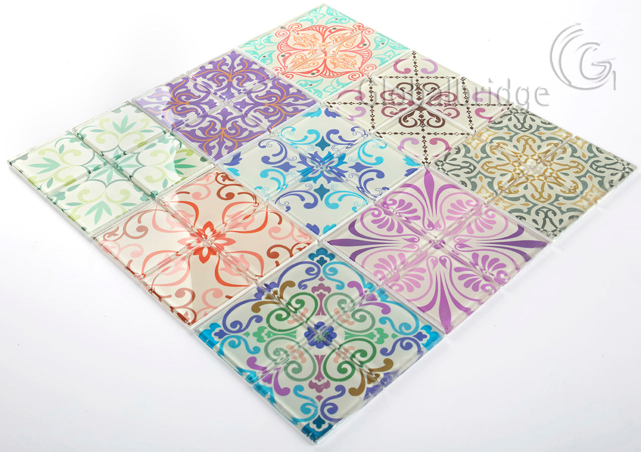 Colorful inkjet printed crystal glass mosaic tiles decorative glass wall art 