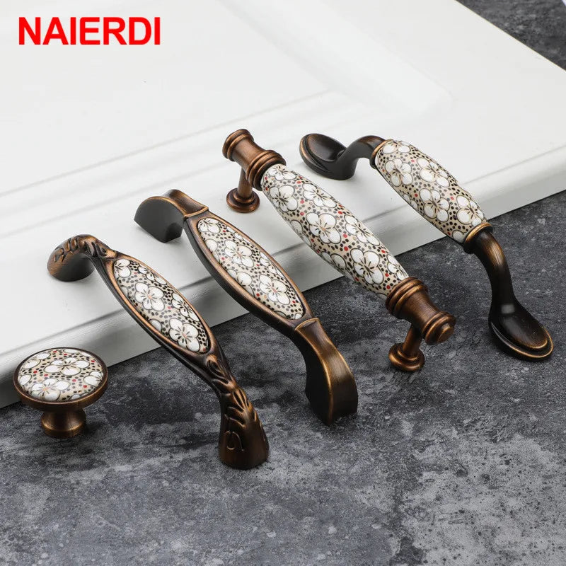 NAIERDI Vintage Bronze Ceramic Cabinet Handles Antique Drawer Knobs Wardrobe Door Handles European Furniture Handle Hardware - Daisan Mart