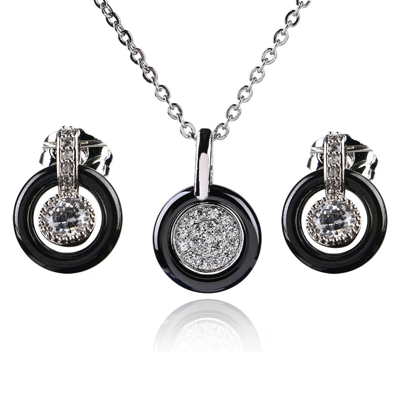 Luxurious Silver Ceramic Jewelry Set with Zircon Stones for Party