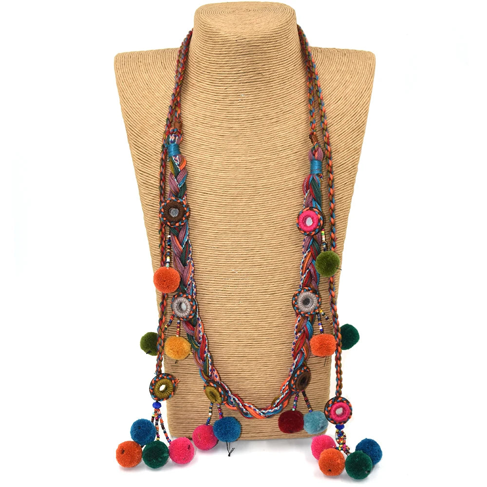 Boho Handmade Pompom Long Beaded Tassel Necklace