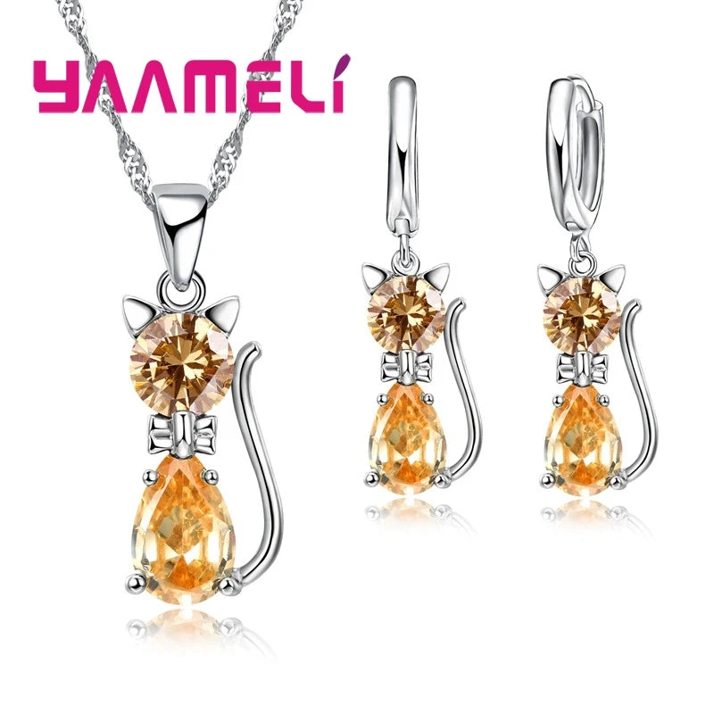 925 Silver Jewelry Set - Cute Cat with Austrian Crystal