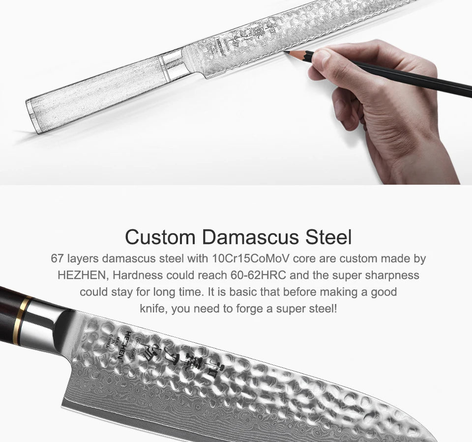 Bộ Dao Bếp Nhật HEZHEN - Thép Damascus Tay Cầm Gỗ