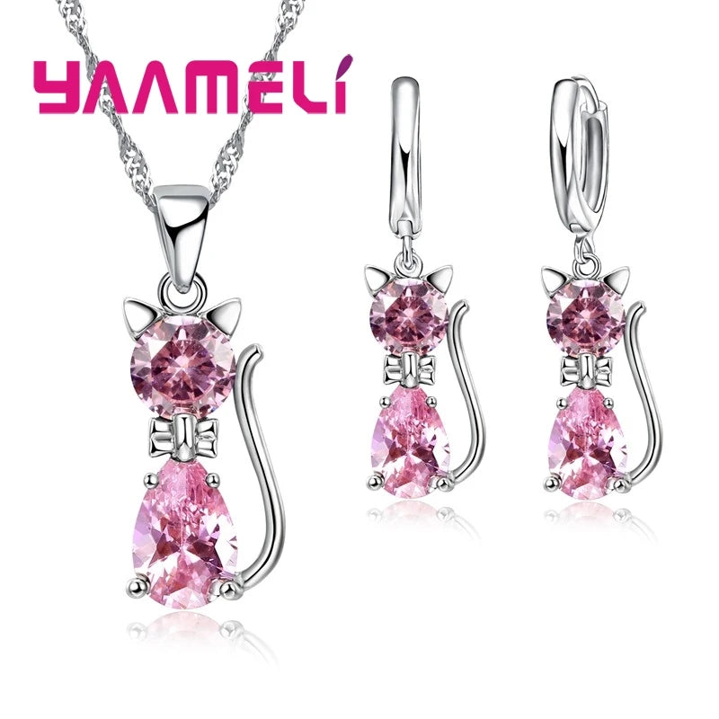 925 Silver Jewelry Set - Cute Cat with Austrian Crystal