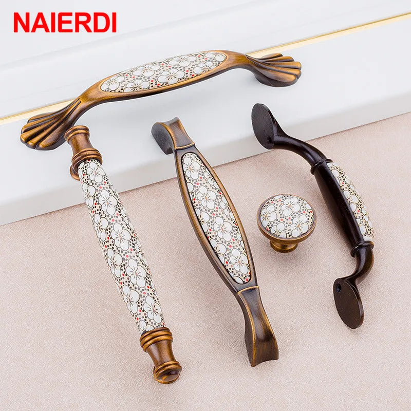 NAIERDI Vintage Bronze Ceramic Cabinet Handles Antique Drawer Knobs Wardrobe Door Handles European Furniture Handle Hardware - Daisan Mart